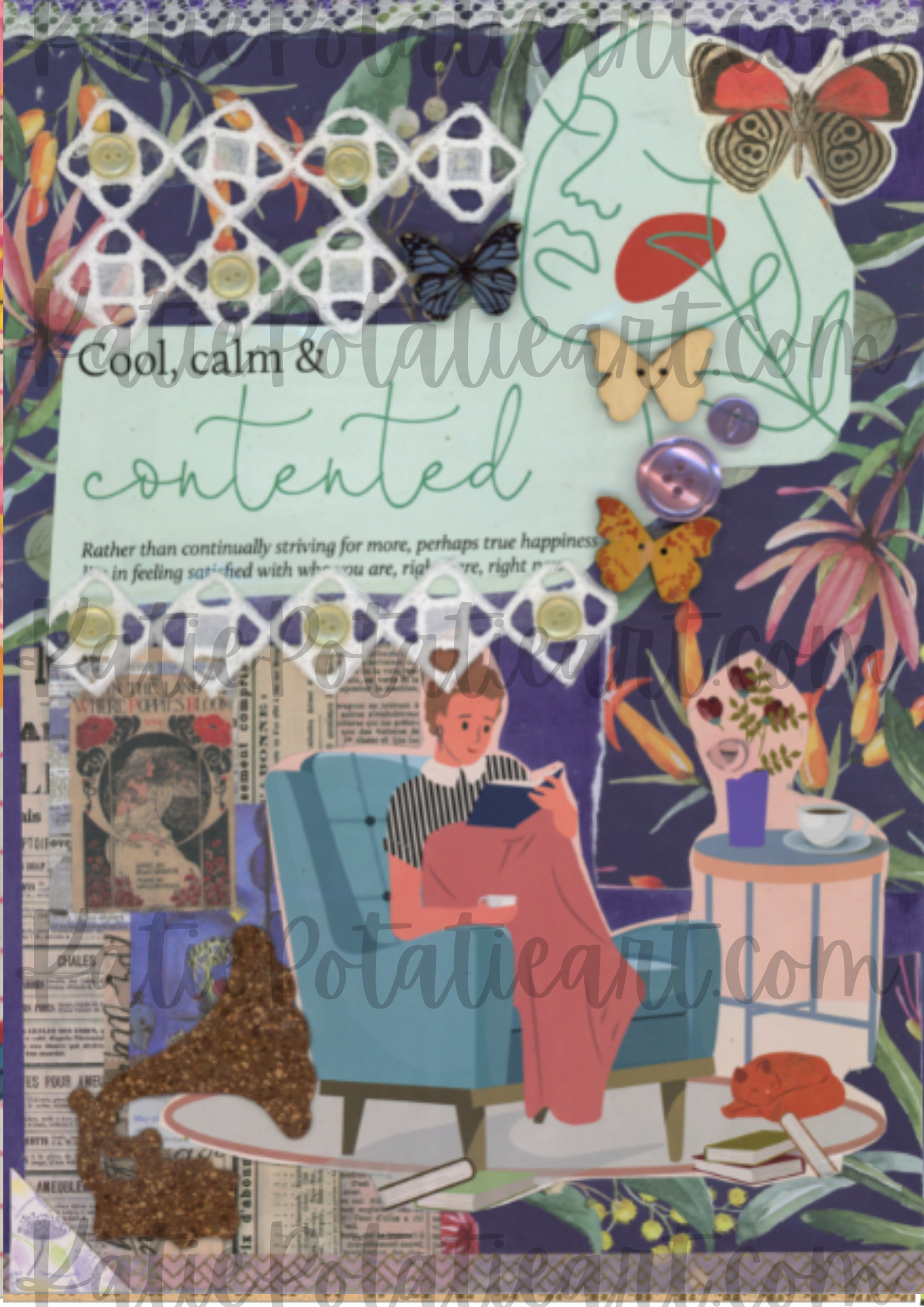 Cool, Calm & Contented: Vintage-Inspired Mixed Media Collage