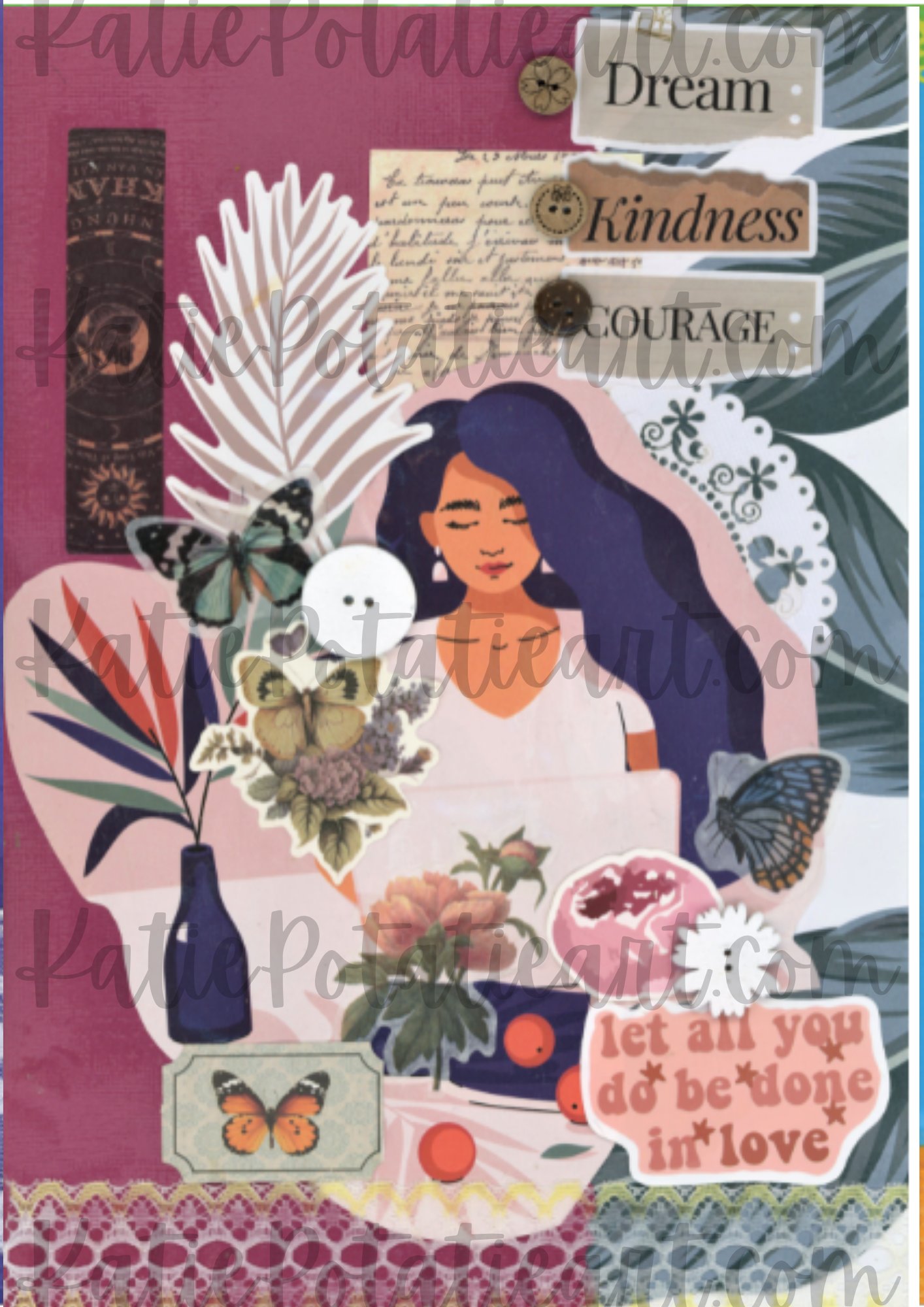 "Dream, Kindness, Courage" A4 Collaged Art Print – Inspiring, Feminine Mixed Media Design